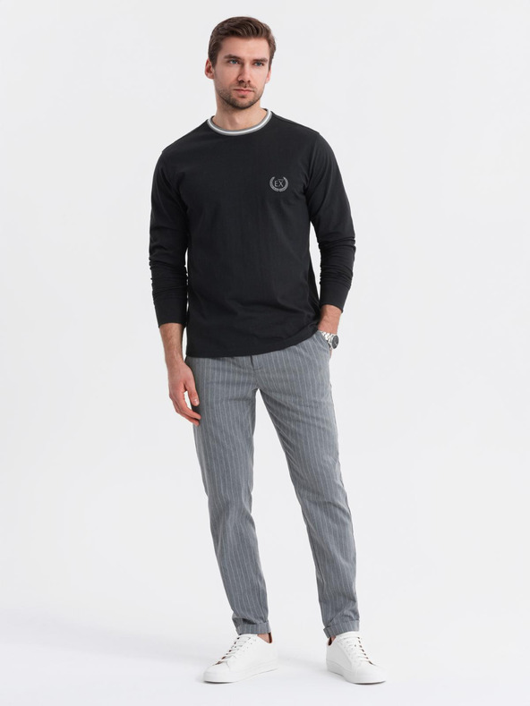 Ombre Clothing Tricou din bumbac pentru bărbați cu mânecă lungă, decolteu în V în dungi și broderie Ombre Clothing