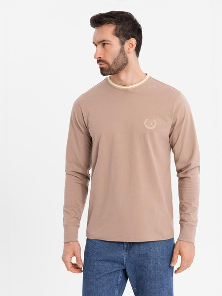 Ombre Clothing Tricou din bumbac pentru bărbați cu mânecă lungă, decolteu în V în dungi și broderie Ombre Clothing