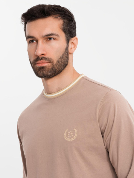 Ombre Clothing Tricou din bumbac pentru bărbați cu mânecă lungă, decolteu în V în dungi și broderie Ombre Clothing