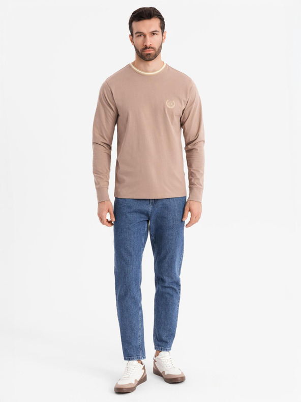 Ombre Clothing Tricou din bumbac pentru bărbați cu mânecă lungă, decolteu în V în dungi și broderie Ombre Clothing