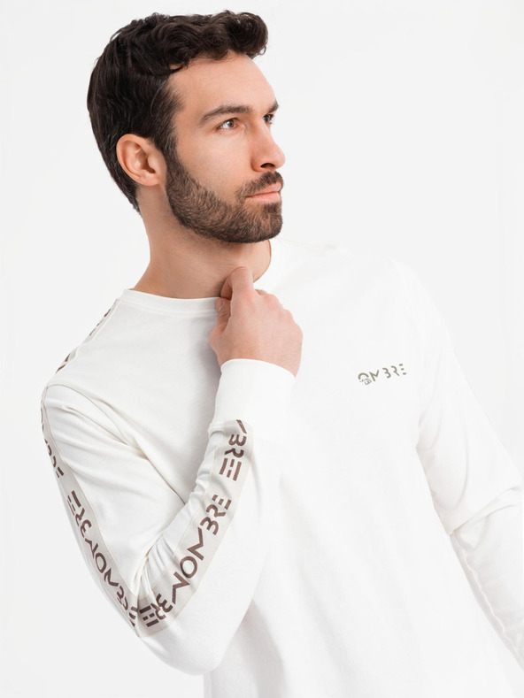 Ombre Clothing Tricou din bumbac pentru bărbați cu mânecă lungă, cu bordură și imprimeu pe piept Ombre Clothing