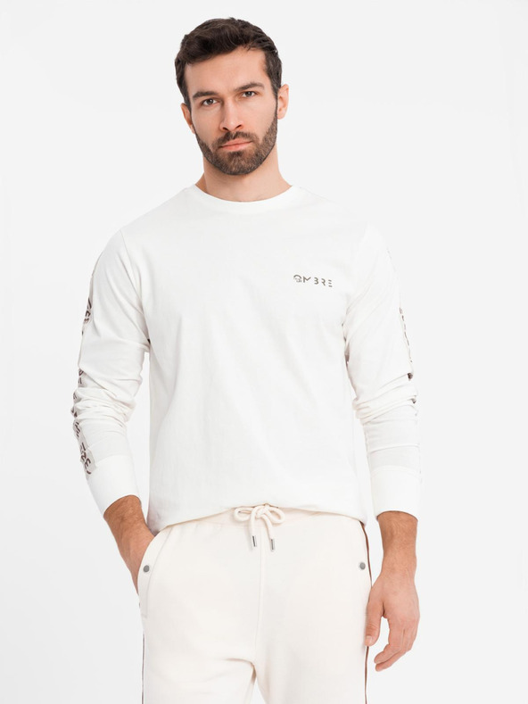 Ombre Clothing Tricou din bumbac pentru bărbați cu mânecă lungă, cu bordură și imprimeu pe piept Ombre Clothing